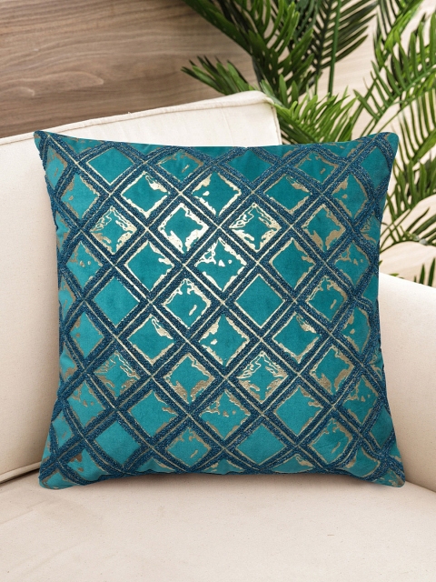 

NISRAG HOME Blue & Gold-Coloured Embroidered Geometric Square Cushion Cover