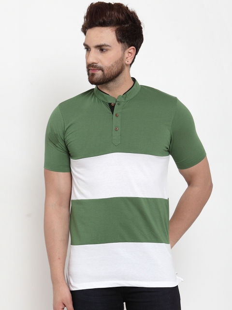 

Kalt Men Olive Green & White Striped Mandarin Collar T-shirt