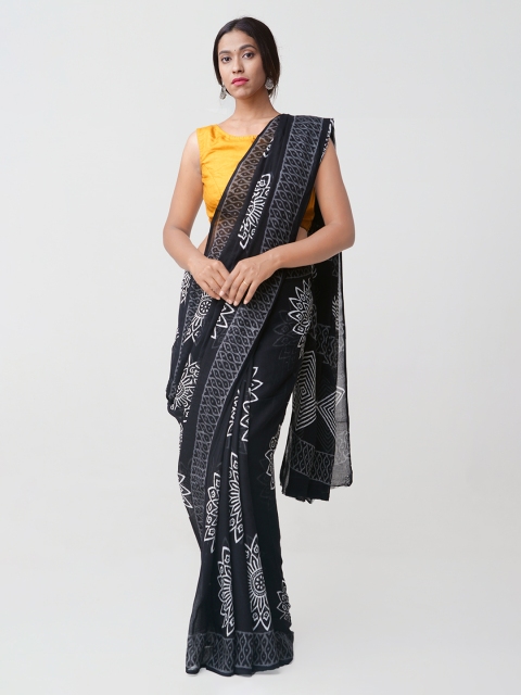 

Unnati Silks Black Pure Cotton Printed Kota Handloom Saree