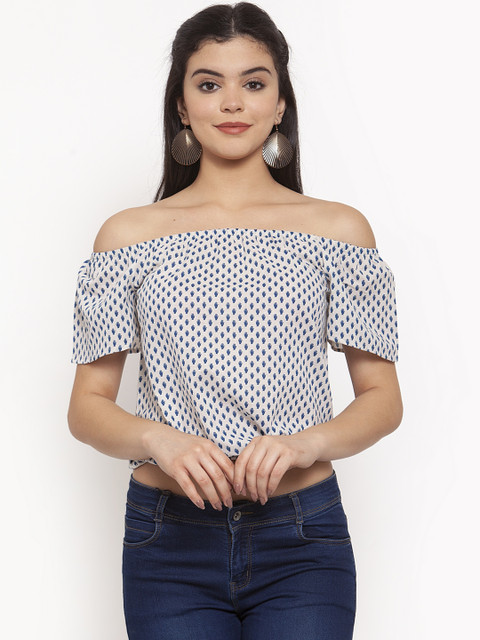 

ANAISA Women Off-White & Blue Printed Bardot Top