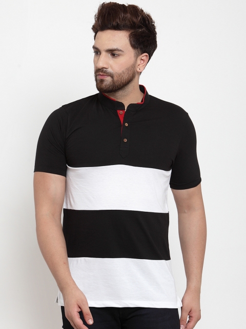 

Kalt Men Black & White Striped Mandarin Collar T-shirt