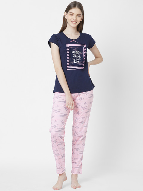 

Juliet Women Navy Blue & Pink Printed Night suit