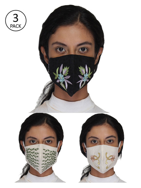 

Anekaant Women 3 Pcs Multicolored 3-Ply Embroidered Cotton Reusable Masks, Multi