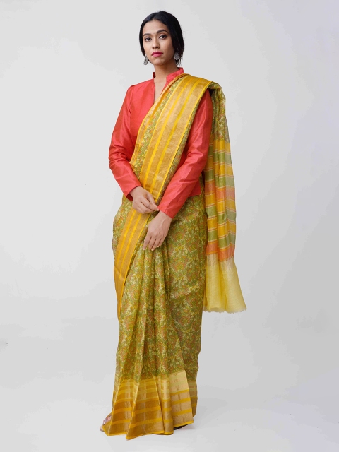 

Unnati Silks Yellow & Green Silk Blend Printed Kota Handloom Saree