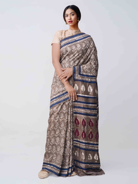 

Unnati Silks Grey & Off-White Pure Silk Printed Tussar Handloom Saree