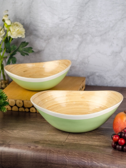 

GOODHOMES Set Of 2 Green & White Printed Oval Bamboo Wood Bowls