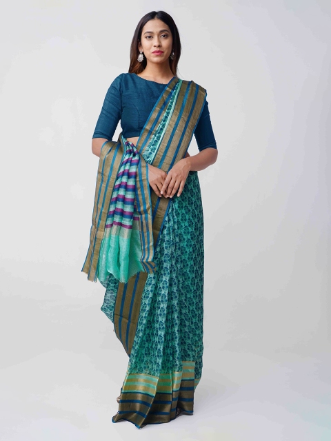 

Unnati Silks Blue & Green Silk Blend Printed Kota Handloom Saree