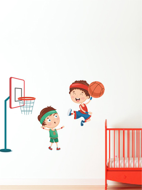 

rawpockets Multicolored Kids Playing Basketball Wall Stickers, Multi