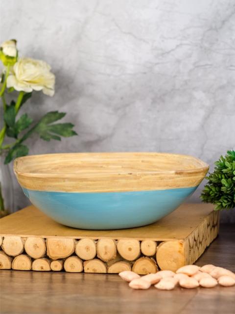 

GOODHOMES Turquoise Blue & Beige Printed Square Bamboo Wood Bowl