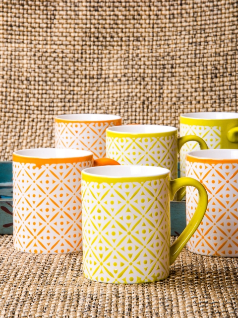

GOODHOMES Set Of 6 Yellow & Orange-Colored Embossed Design New Bone China Mugs