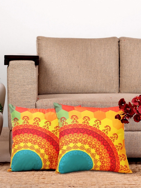 

NISRAG HOME Yellow & Red Set of 2 Ethnic Motifs Square Cushion Covers