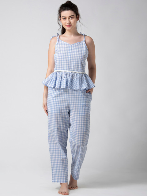 

ADORENITE Women Blue & White Checked Night suit