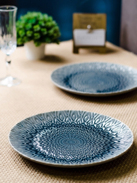 

GOODHOMES Set Of 2 Blue Emboss Print Stoneware Dinner Plates