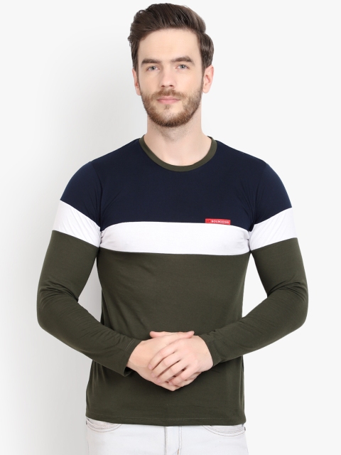

LE BOURGEOIS Men Olive Green Colourblocked Round Neck T-shirt