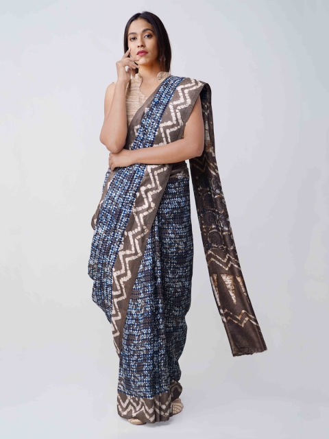

Unnati Silks Grey & Blue Pure Silk Printed Tussar Handloom Saree