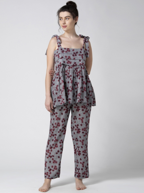 

ADORENITE Women Grey & Red Printed Night suit