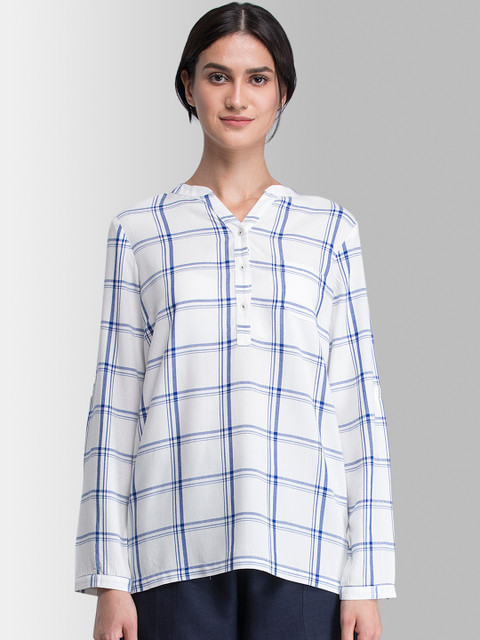 

FableStreet Women White & Blue Checked Shirt Style Top
