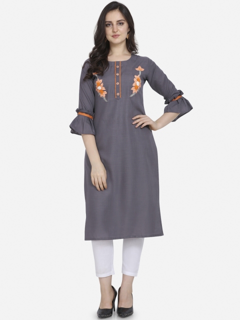 

Kvsfab Women Grey Embroidered Straight Kurta