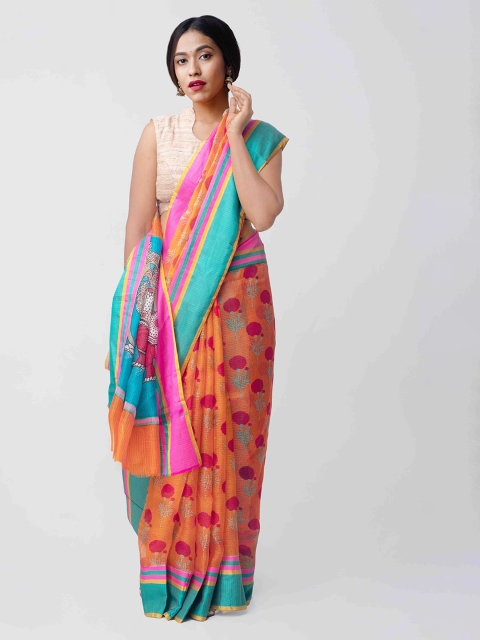 

Unnati Silks Orange & Blue Silk Blend Printed Kota Handloom Saree