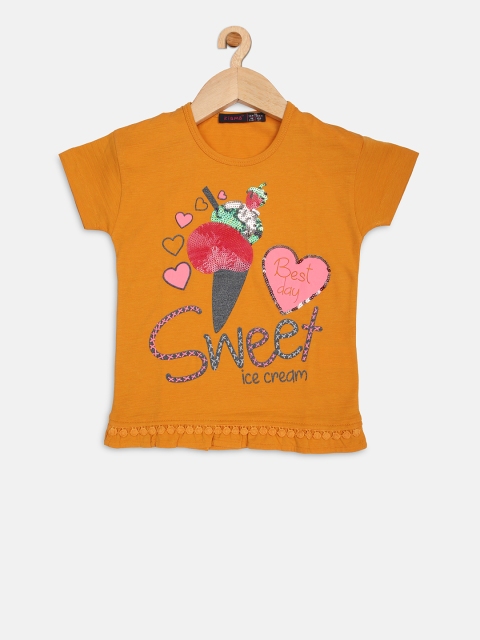 

Ziama Girls Mustard Printed Round Neck T-shirt