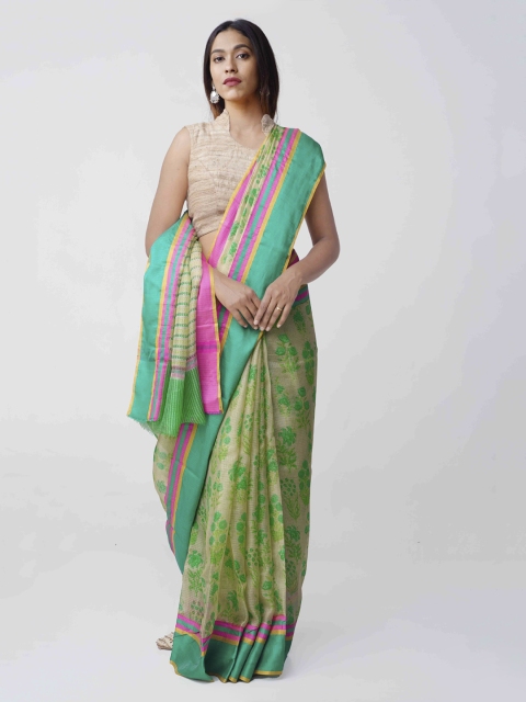 

Unnati Silks Green & Pink Silk Blend Printed Kota Handloom Saree