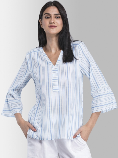 

FableStreet Women Blue Striped Pure Cotton Top