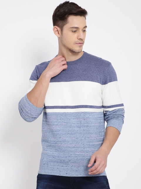 

t-base Men Blue & White Colourblocked Pullover Sweater