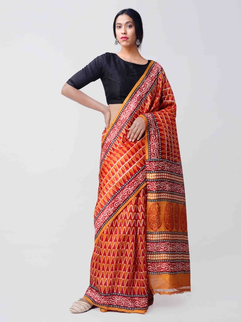 

Unnati Silks Orange & Red Pure Silk Printed Tussar Saree