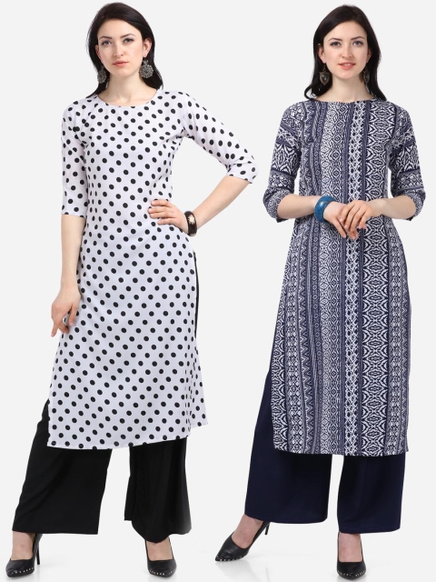 

Silk Bazar Women White & Navy Blue Set of 2 Printed Straight Kurta