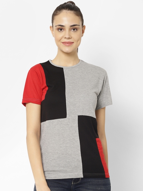 

VIMAL JONNEY Women Grey Melange & Black Solid Round Neck T-shirt