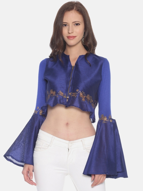 

Ira Soleil Women Blue & Gold-Coloured Floral Printed Crop Top
