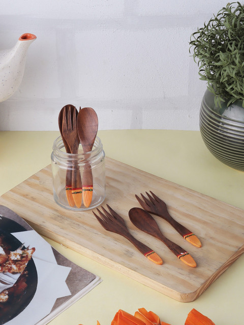 

VarEesha Set of 12 Brown & Orange Solid Handcrafted Wooden Small Spoons and Forks