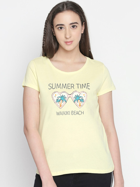 

Honey by Pantaloons Women Yellow Printed Round Neck T-shirt