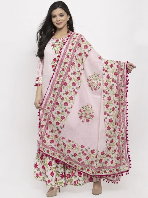 

Aujjessa Women Pink & Red Printed Kurta with Sharara & Dupatta
