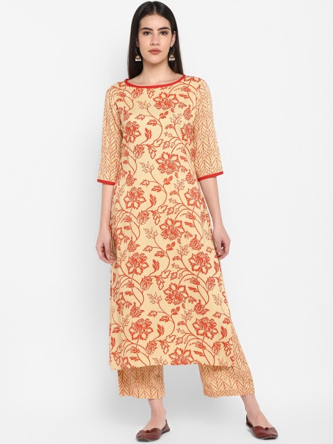 

Aprique FAB Women Cream-Coloured & Red Floral Printed Straight Kurta