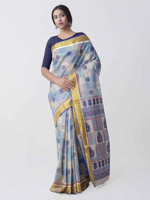 

Unnati Silks Blue & Beige Jute Cotton Printed Kasavu Saree