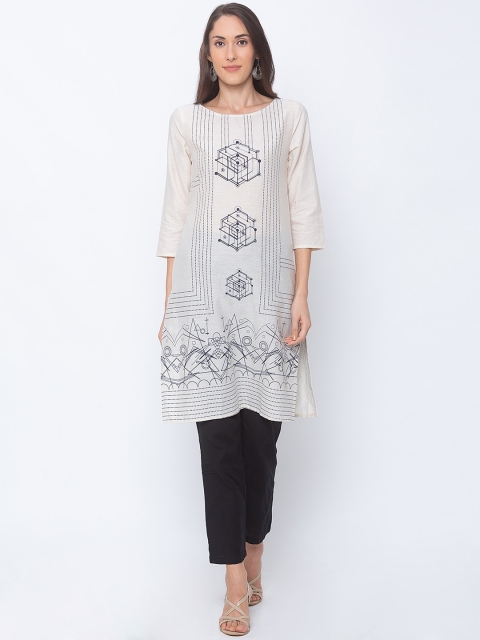 

Globus Women Off-White & Navy Blue Printed Straight Kurta
