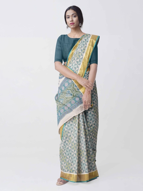 

Unnati Silks Beige & Green Jute Cotton Printed Kasavu Saree