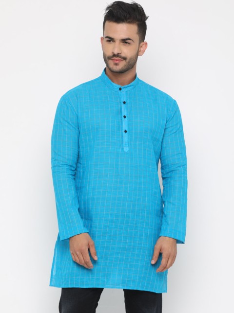 

SHOWOFF Men Turquoise Blue & Grey Checked Straight Kurta