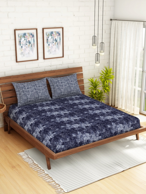 

SPACES Navy Blue & Grey Abstract 180 TC Cotton 1 King Bedsheet with 2 Pillow Covers