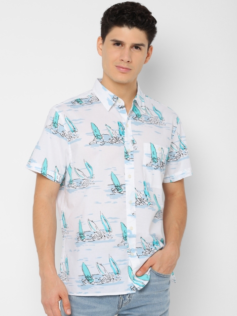 

AMERICAN EAGLE OUTFITTERS Men White & Blue Regular Fit Printed Casual Shirt