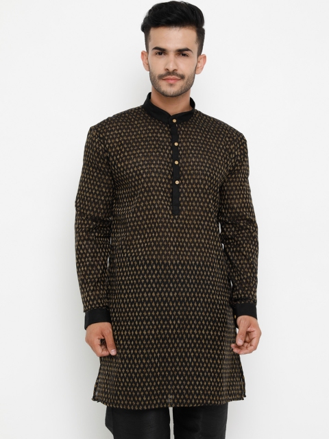 

SHOWOFF Men Black & Gold-Toned Woven Design Straight Kurta