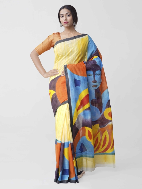 

Unnati Silks Yellow & Blue Pure Cotton Printed Saree
