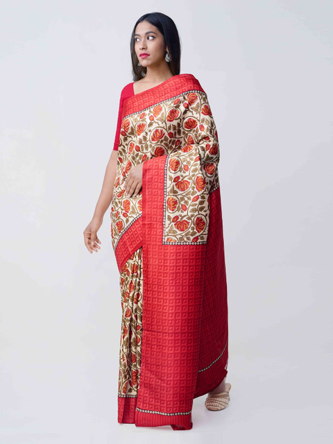 

Unnati Silks Cream-Coloured & Red Pure Silk Printed Tussar Saree