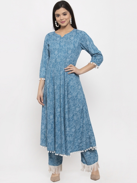 

Aujjessa Women Blue & White Floral Printed Kurta with Trousers