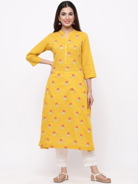 

Juniper Women Yellow Embroidered A-Line Kurta