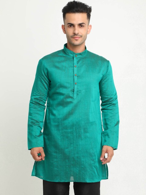 

SHOWOFF Men Sea Green Solid Silk Straight Kurta