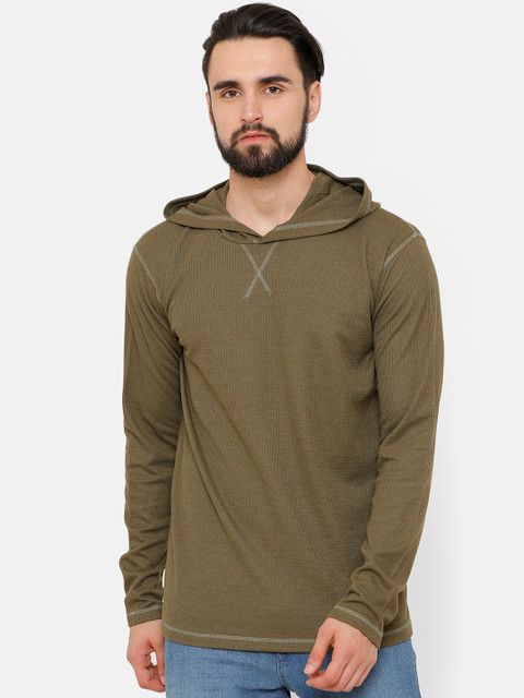 

ELEGANCE Men Olive Green Solid Hooded T-shirt