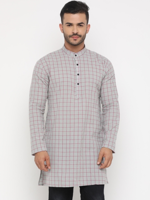 

SHOWOFF Men Grey & Pink Checked Straight Kurta