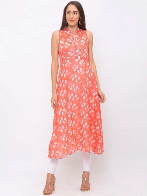 

Globus Women Peach & White Floral Print A-Line Kurta